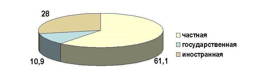 Структура оптового товарооборота по формам собственности за 2006 год, в %