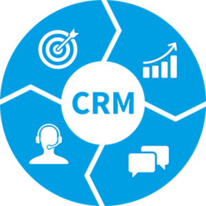 Иконки CRM системы, включающие цель, рост, поддержку клиентов и общение, на синем фоне.