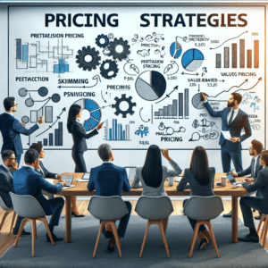 Профессионалы в области бизнеса обсуждают стратегии ценообразования, на фоне доски с графиками и диаграммами.