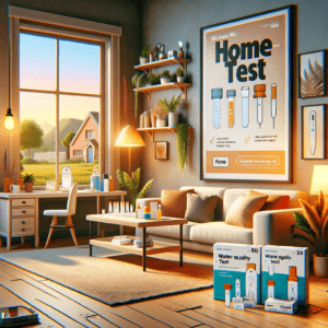 Уютная комната с наборами для домашних тестов на столе и маркетинговым плакатом 
